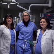 Dr. Karla Willows and Dr. Stephanie Scott, gynecologic oncologists and cancer surgeons, treat patients living with endometrial (uterine) cancer with a surgical robot. Also pictured is Dr. Katharina Kieser. (QEII Foundation) 