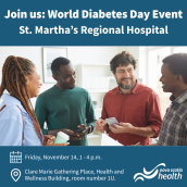 Four people stand together wearing casual professional clothes and look to be having a conversation in a room that is all white.