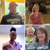 Collage of images. Image top left is a man with a red hat and a dark coloured sweater, photo on top right is a woman with pink scrubs on and a stethoscope around her neck, she has blonde hair, sitting on a fountain ledge. Photo bottom left is a woman with brown hair in a bun  wearing pink scrubs and a stethoscope around her neck. Photo bottom right is a woman with her child on her back. Both have blonde hair, she is wearing a brown sweater and her child is wearing a green bib. 