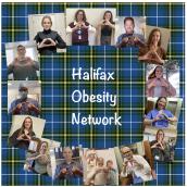 There are several images that are out into the shape of the letter "O" and the individual photos have people making an "O" shape with their hands. Nova Scotia tartan is the background, text in the middle reads "Halifax Obesity Network."