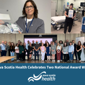 Collage celebrating Nova Scotia Health’s national awards. Top left: a nurse holding a medical kit. Top right: a healthcare worker standing in a hospital room holding a certificate. Bottom: a large group of staff posing together in a meeting space. Text reads, “Nova Scotia Health Celebrates Two National Award Wins,” with the Nova Scotia Health logo below.