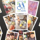 The image features a collage of photographs showcasing various activities at Yarmouth Life Skills. Highlights include individuals engaging in crafting, painting and creating decorative items. 
