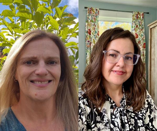 Two photos of a person with long, blonde hair on the left and a person with glasses and wavy, brown hair on the right, both smiling at the camera