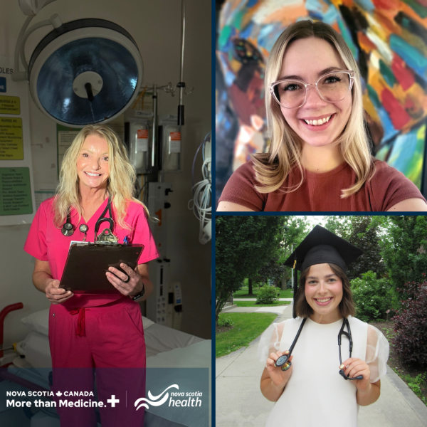 A collage of three young woman. Photo on the left is a woman with pink scrubs holding a clipboard with a stethoscope on her neck. She has blond hair. Woman on the top right has blond hair and is wearing clear framed glasses, with a brown shirt. Woman on the bottom right has brown short hair, wearing a graduate cap, a white blouse and a stethoscope around her neck.
