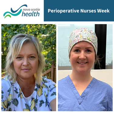 On the left is a woman with blonde hair. She is outdoors and is wearing a pattern shirt. The woman on the left is wearing a blue scrub shirt and hat and is indoors.