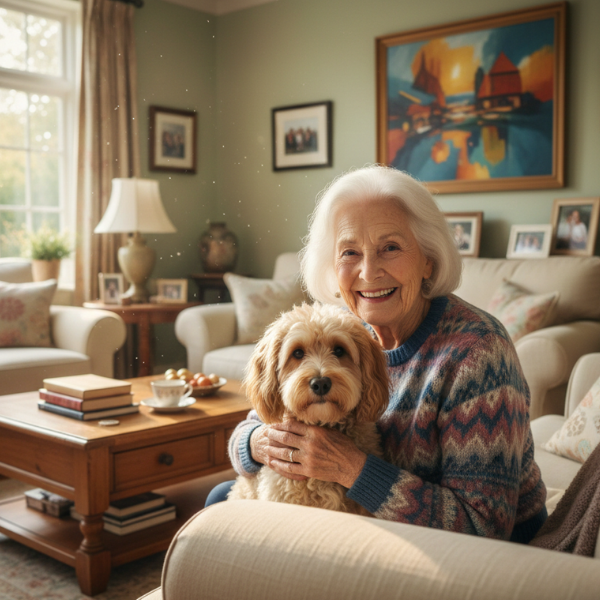 Woman in a living room sitting on a couch with a dog in her arms.
