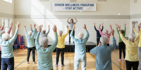 An image of a group of seniors in a wellness class with their hands up in the air. They have their backs to the image.