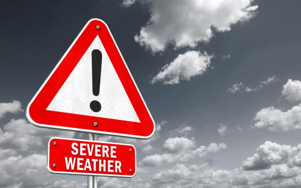A sign warning about severe storms