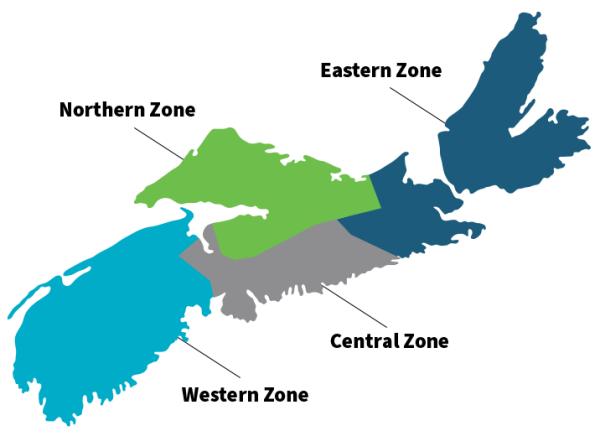 Image depicts a map of Nova Scotia with the four health zones shown and labeled