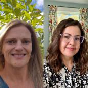 Two photos of a person with long, blonde hair on the left and a person with glasses and wavy, brown hair on the right, both smiling at the camera
