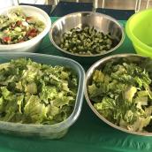 An indoor setting of a group of bowls filled with various salads is arranged on a table. 
