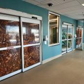 The newly renovated emergency department shows a series of sliding doors wrapped with artwork representing the four sacred medicines: tobacco, cedar, sage, and sweetgrass. 