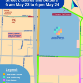 Image of a map with various streets in Halifax indicated on it. Text at the top of the image reads "Street Closures and Detours 6 am May 23 to 6 pm May 24.