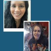 Collage of two women the woman on the left image has dark hair and is smiling largely. The woman on the right is smiling with long dirty blonde hair.