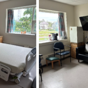 Two photos, one of the palliative care bedroom and the other of the lounge. The beroom has a hospital bed and window, the lounge has a brown couch, TV and chairs.