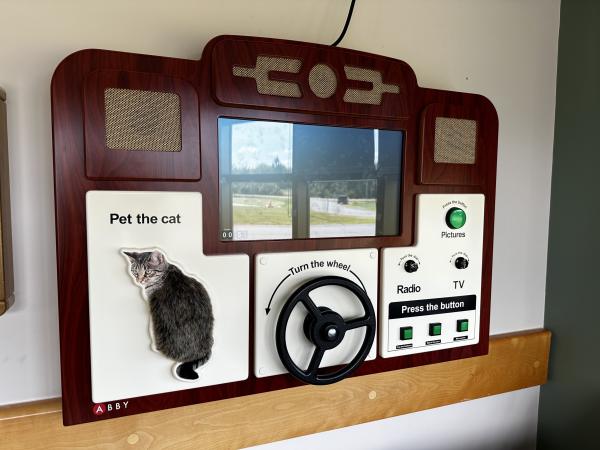 Busy Boards have retro designs to invite patients to engage in activities they can easily do, such as petting the cat with a surprising outcome, to driving along leafy country roads.