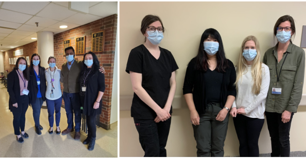 Photo of healthcare workers wearing masks and standing together.