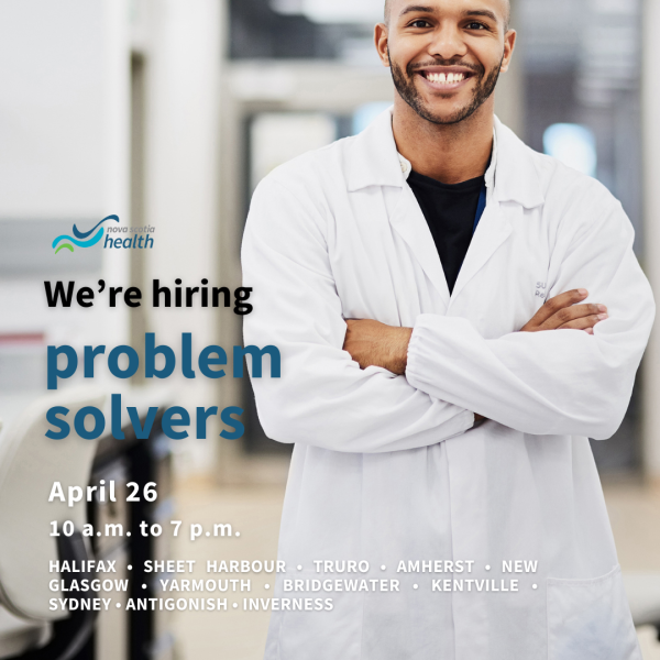 A man stands in a lab coat in advertisement for April 26 NSH career fair. 