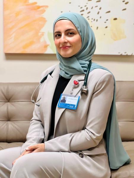 A photo of a woman wearing a teal blue hijab with a beige pant suit and a black shirt underneath. She has her name badge on her collar and a green stethoscope. 