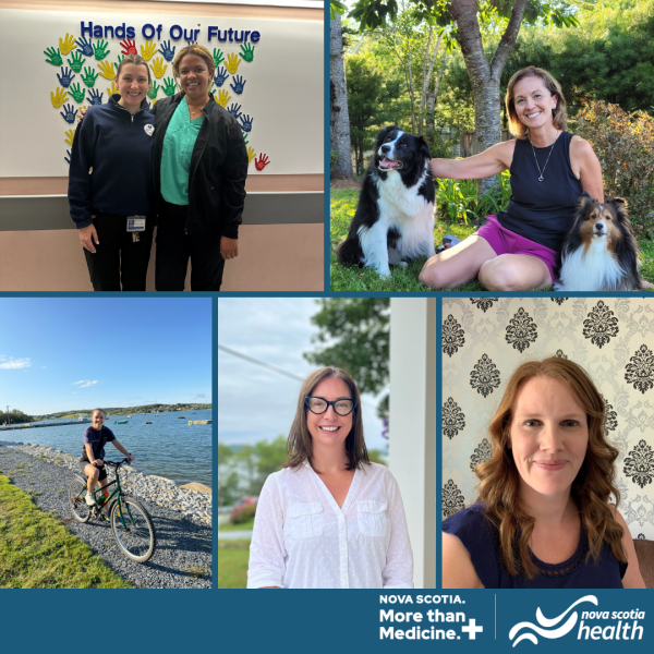 A photo collage of 5 different photos. Two photos on the top: first photo is of two women wearing mostly black. One woman has a green scrub shirt. the second photo is of a woman outside with her two dogs. She is wearing black and purple. The bottom has three photos: first photo is a woman on a bicycle riding on a path by the water, second photo is a woman with a white button up shirt wearing black framed glasses. Third image is a woman with red hair, wearing a blue shirt. 