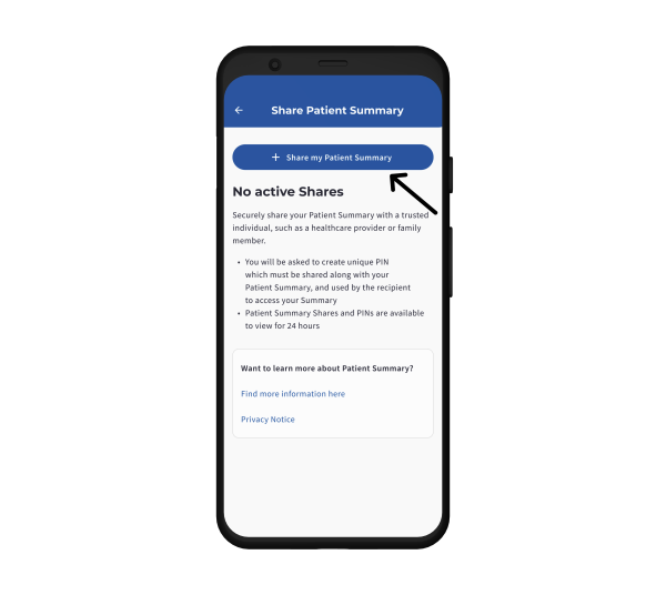 A mobile phone showing the Share Patient Summary screen, with an arrow pointing to the Share my Patient Summary button.