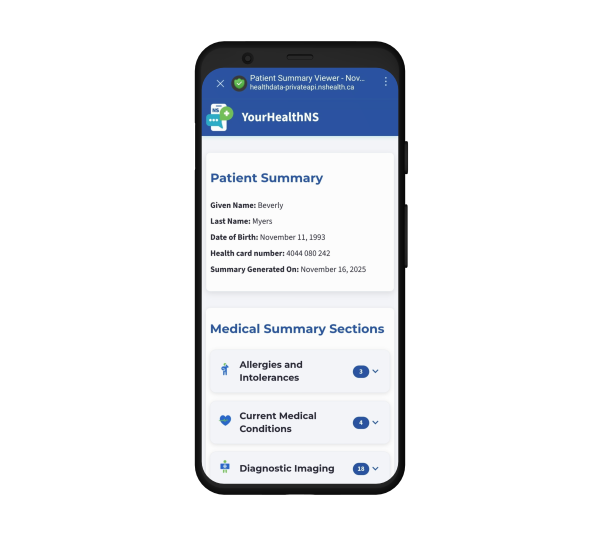 A mobile phone showing the Medical Summary Sections featured in Patient Summary. 