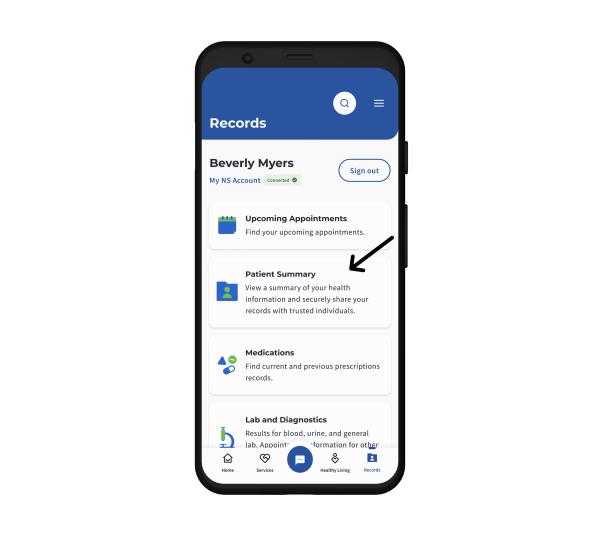 A mobile phone screen showing the Records section of YourHealthNS, with an arrow pointing to the Patient Summary tile.