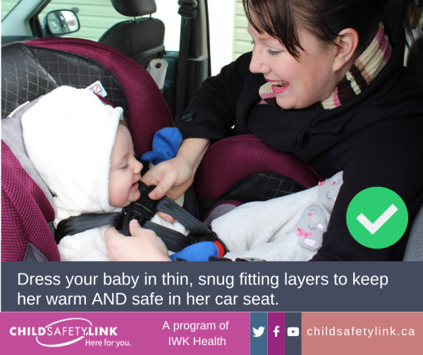 Child safety link image of baby in winter clothes in a car seat