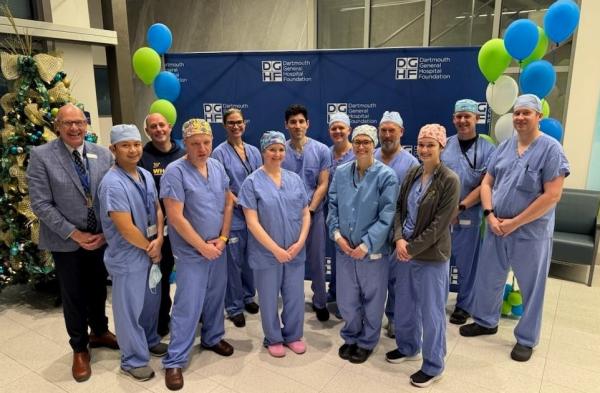 Dartmouth General Hospital team members are pictured with the Dartmouth East MLA, the CEO of the hospital foundation and other leaders. 
