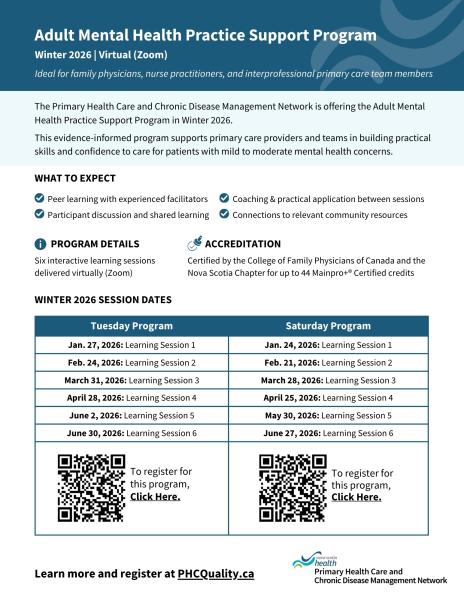 Text is on image, featuring information about adult mental health practice support program and 2 QR codes at bottom for registration.