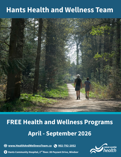 Front page of the Hants Health and Wellness Team Electronic Flyer for Spring and Summer 2026. Includes contact info and shows an image of a man walking through a forest with tall trees surrounding him and sun peeking through
