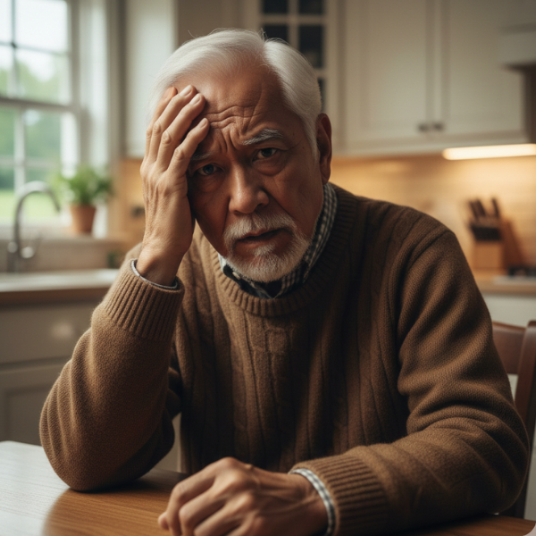 Image of an elderly man sitting at a kitchen table with his hand up to his forehead, he looks troubled.