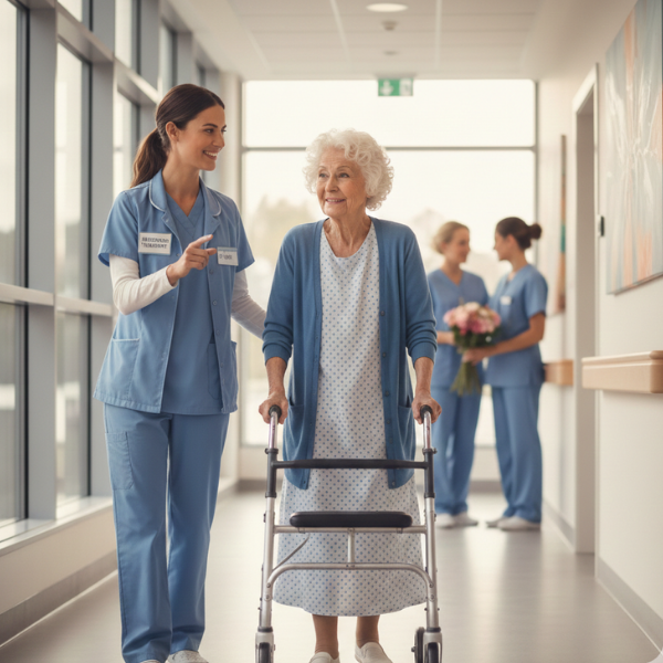 A healthcare worker is walking down a hallway with a female elderly patient using a walker. There are 2 healthcare workers talking in the background behind them.