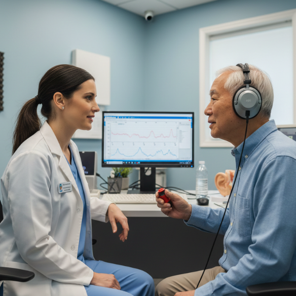 A healthcare worker sits with an elderly man who is wearing headphones.