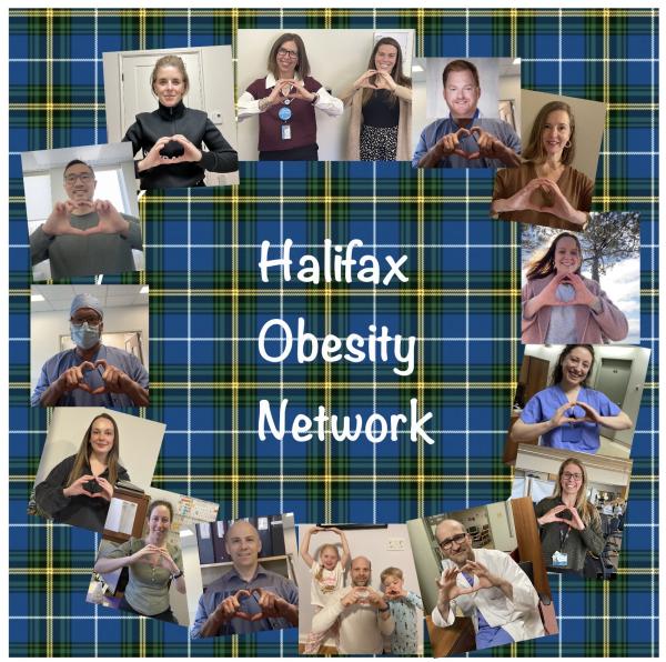 There are several images that are out into the shape of the letter "O" and the individual photos have people making an "O" shape with their hands. Nova Scotia tartan is the background, text in the middle reads "Halifax Obesity Network."
