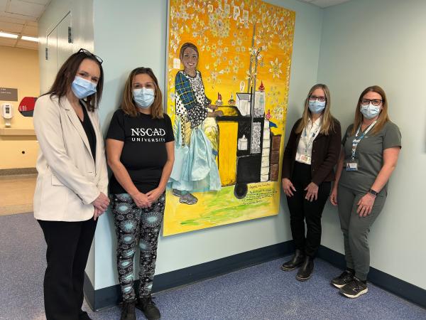 Terra Thibault, director, Cancer Care, Central and Western zones, Maria Valverde, artist, volunteer and patient; Marilyn Landry, manager, health services, systemic therapy; and Stephanie Whitman, clinical practice lead, chemotherapy unit