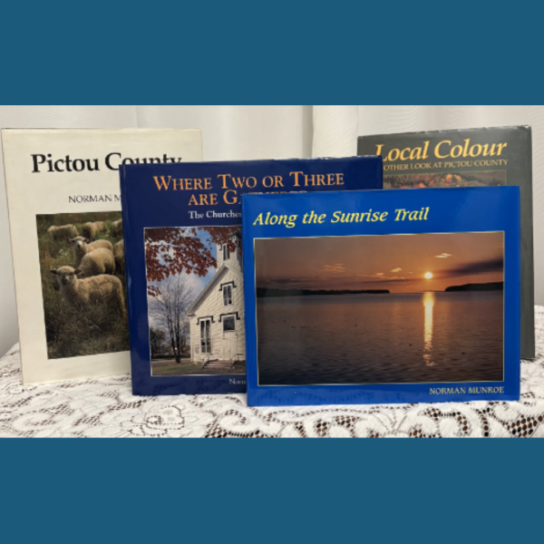 Photo of 4 books sitting up on it's end.