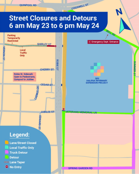 Image of a map with various streets in Halifax indicated on it. Text at the top of the image reads "Street Closures and Detours 6 am May 23 to 6 pm May 24.