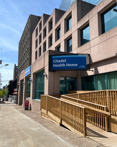 Image of the outside of a large Nova Scotia Health building that says "Citadel Health Home."