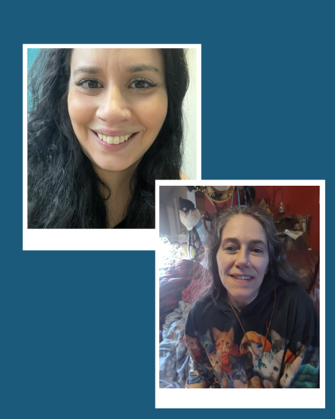 Collage of two women the woman on the left image has dark hair and is smiling largely. The woman on the right is smiling with long dirty blonde hair.