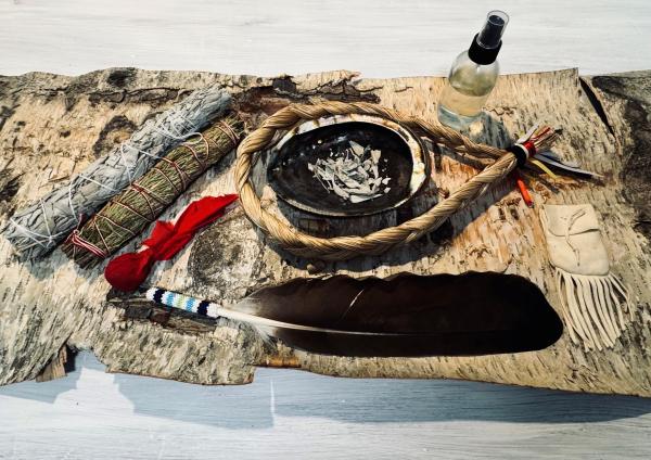 Items used for a smudging ceremony.