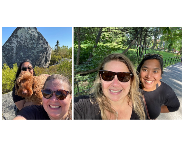 Two collage photos of the same 2 women. The photos are side by side, on the left they are both wearing sunglasses with a dog outside. On the right the caucasian woman is wearing sunglasses and the dark skinned woman is not as they stand outside.