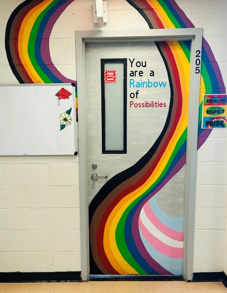 Colourful rainbow painting on door of Youth Health Centre in Springhill