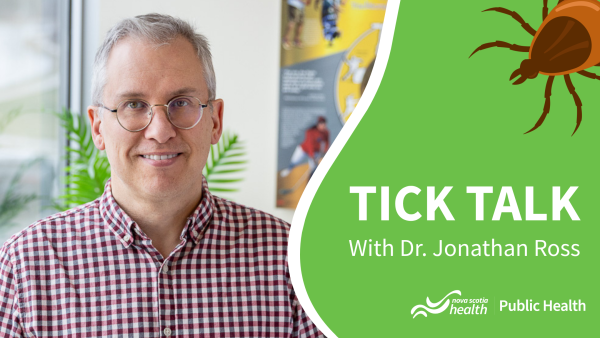Man wearing a checkered red and white shirt wears glasses and is smiling at the camera next to a green block with a graphic of a tick and the title Tick Talk