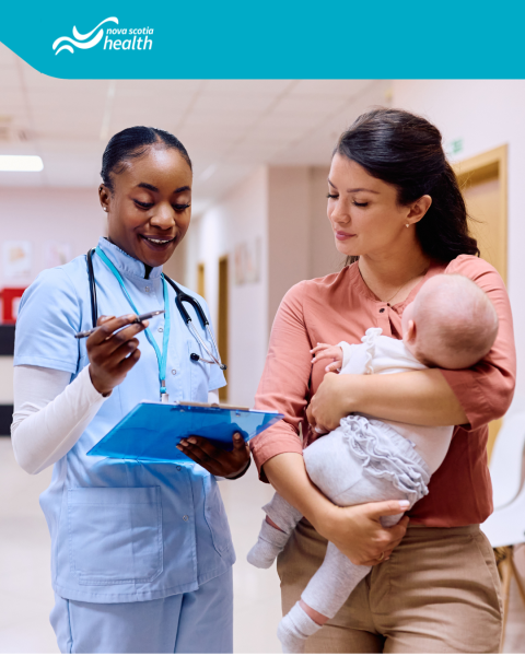 Woman stands wearing scrubs and a stethoscope beside a woman holding an infant baby.