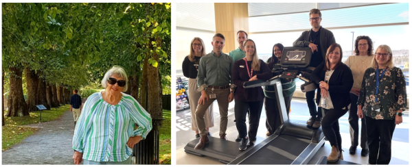 A woman poses outdoors by trees and a group of healthcare professionals stand near a treadmill.