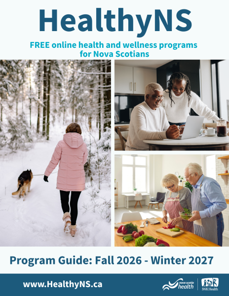 A poster for HealthyNS programming. There are collage photos of various people doing various activities. It says "Program Guide: Fall 2026-Winter 2027."